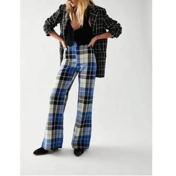 Free People Jules High Waist Plaid Flare Pants Blue/Black NWOT Size 0 (XS) - Picture 2 of 8
